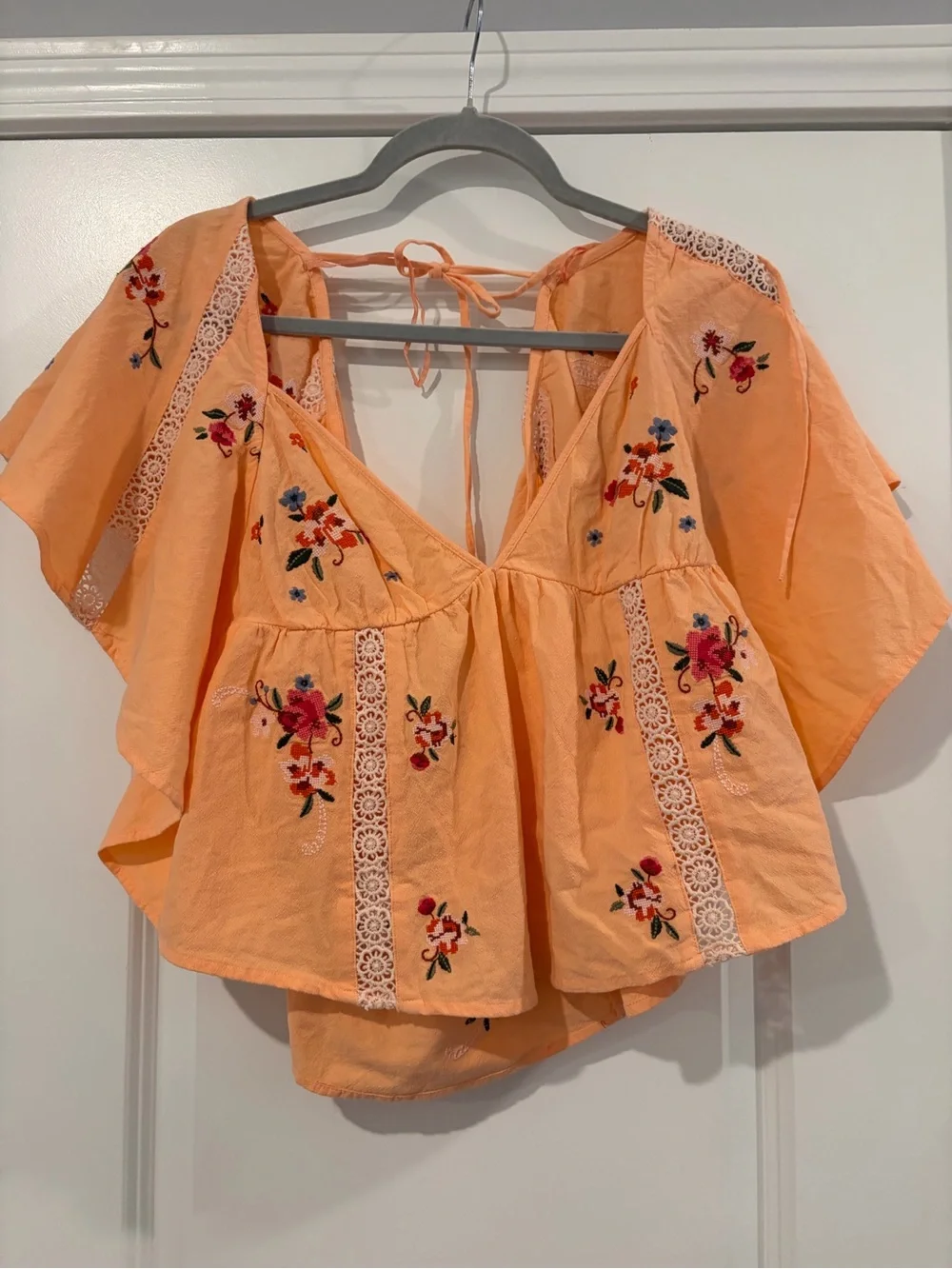 Free People Peach Embroidered V-Neck Flutter Top